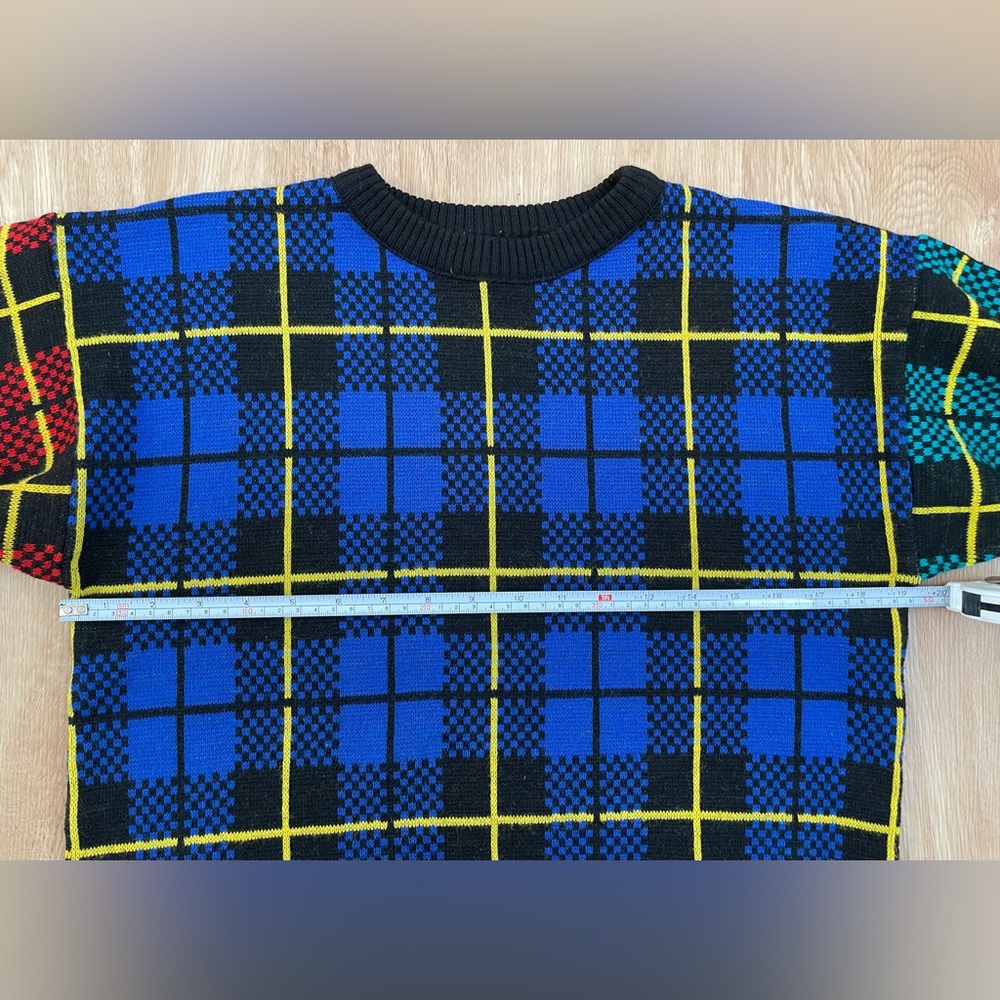 Vintage Toi small crewneck sweater colorblock plaid 80’s retro oversized - Picture 6 of 8